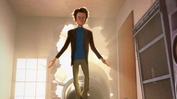 Movie still from “Megamind” (2010), directed by Tom McGrath – An animated man is standing in a tunnel; Wide shot, Low angle