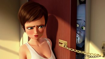 Movie still from “Megamind” (2010), directed by Tom McGrath – An animated woman standing in front of an open door; Close Up shot, Over the shoulder angle