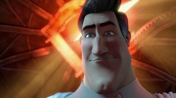 Movie still from “Megamind” (2010), directed by Tom McGrath – A man's face in a video game; Close Up shot, Low angle