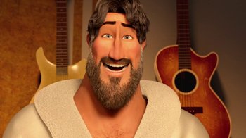 Movie still from “Megamind” (2010), directed by Tom McGrath – An animated man with long hair and a beard is smiling; Close Up shot, Low angle