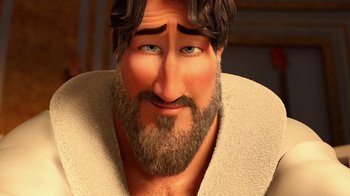 Movie still from “Megamind” (2010), directed by Tom McGrath – An animated man with long hair and a beard; Close Up shot, Low angle