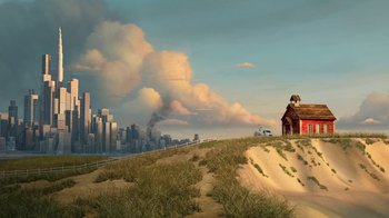Movie still from “Megamind” (2010), directed by Tom McGrath – An artistic rendering of a city skyline and a red house on a grassy hill; Extreme Wide shot, Low angle
