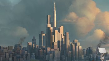 Movie still from “Megamind” (2010), directed by Tom McGrath – An artistic rendering of a city skyline with clouds in the background; Extreme Wide shot, Low angle