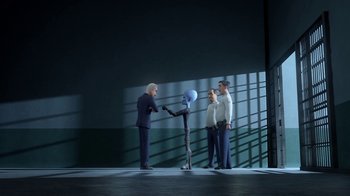 Movie still from “Megamind” (2010), directed by Tom McGrath – A group of people standing around a blue balloon; Wide shot, High angle