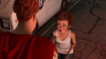 Movie still from “Megamind” (2010), directed by Tom McGrath – A girl is talking to a man on the street; Medium shot, Over the shoulder angle