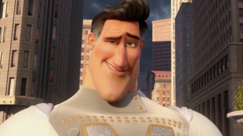 Movie still from “Megamind” (2010), directed by Tom McGrath – A man with a beard and mustache is smiling for the camera; Close Up shot, Low angle