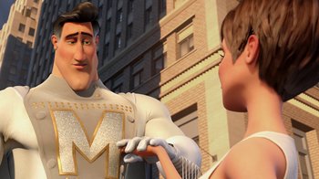 Movie still from “Megamind” (2010), directed by Tom McGrath – A man and a boy are looking at one another in the mirror; Medium shot, Low angle