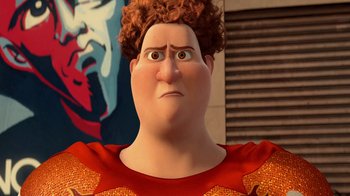 Movie still from “Megamind” (2010), directed by Tom McGrath – A person's face in a scene; Close Up shot, Low angle