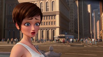 Movie still from “Megamind” (2010), directed by Tom McGrath – An animated woman is standing in the middle of the street; Close Up shot, Over the shoulder angle
