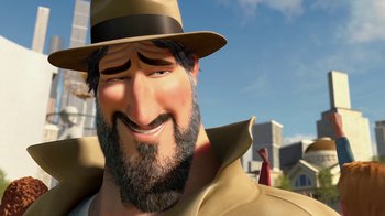 Movie still from “Megamind” (2010), directed by Tom McGrath – An animated man wearing a hat and a coat; Close Up shot, Low angle