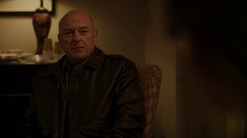 Movie still from “Men, Women & Children” (2014), directed by Jason Reitman – A man sitting in a chair wearing a leather jacket; Close Up shot, Over the shoulder angle