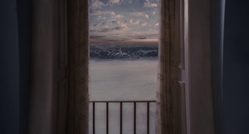 Movie still from “Mirror Mirror” (2012), directed by Tarsem Singh – A view of the ocean through a window; Extreme Wide shot, High angle