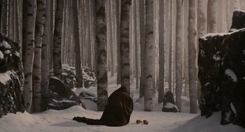 Movie still from “Mirror Mirror” (2012), directed by Tarsem Singh – A person sitting on the ground in the snow near a forest; Wide shot, High angle