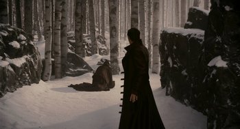Movie still from “Mirror Mirror” (2012), directed by Tarsem Singh – A woman in a black coat standing in the snow near trees; Wide shot, High angle
