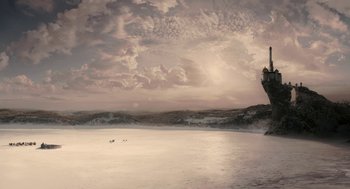 Movie still from “Mirror Mirror” (2012), directed by Tarsem Singh – Two people in a boat in the middle of the ocean; Extreme Wide shot, Low angle