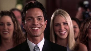 Movie still from “Miss Congeniality” (2000), directed by Donald Petrie – A man and a woman smile for the camera; Close Up shot, Low angle