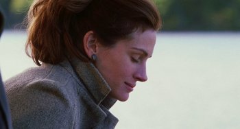 Movie still from “Mona Lisa Smile” (2003), directed by Mike Newell – A person wearing a jacket; Close Up shot, Over the shoulder angle