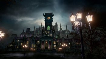 Movie still from “Monster High: The Movie” (2022), directed by Todd Holland – An image of an evil looking city at night time; Extreme Wide shot, Low angle