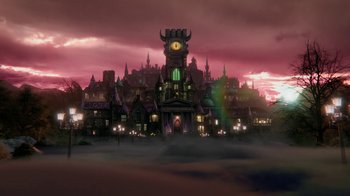Movie still from “Monster High: The Movie” (2022), directed by Todd Holland – An image of an animated town with a clock tower; Extreme Wide shot, Low angle