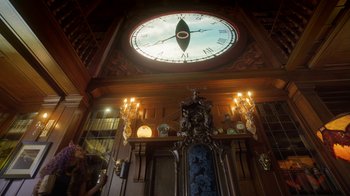 Movie still from “Monster High: The Movie” (2022), directed by Todd Holland – A clock in the middle of a room with a lot of candles; Wide shot, Low angle