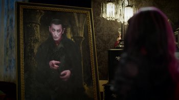 Movie still from “Monster High: The Movie” (2022), directed by Todd Holland – A painting of a man in a dark room; Medium shot, Over the shoulder angle