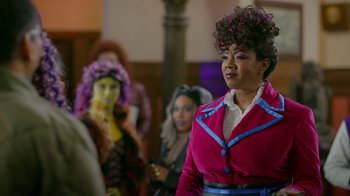 Movie still from “Monster High: The Movie” (2022), directed by Todd Holland – A group of people dressed up in costumes; Medium shot, Over the shoulder angle