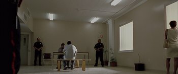 Movie still from “Monster's Ball” (2001), directed by Marc Forster – Three men sitting at a table in a room; Wide shot, Low angle