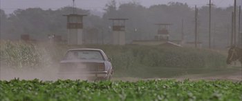 Movie still from “Monster's Ball” (2001), directed by Marc Forster – A car driving down a dirt road in a field; Wide shot, Over the shoulder angle