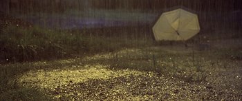 Movie still from “Monster's Ball” (2001), directed by Marc Forster – An open umbrella in the middle of a field; Extreme Close Up shot, High angle