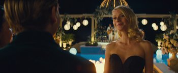 Movie still from “Mortdecai” (2015), directed by David Koepp – A man and a woman in front of an outdoor pool; Medium shot, Over the shoulder angle