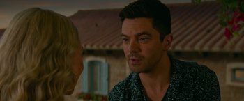 Movie still from “Mamma Mia! Here We Go Again” (2018), directed by Ol Parker – A person talking to another person; Close Up shot, Over the shoulder angle