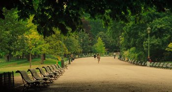 Movie still from “Midnight in Paris” (2011), directed by Woody Allen – People are walking down a path in a park; Extreme Wide shot, High angle