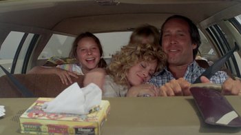 Movie still from “Vacation” (1983), directed by Harold Ramis – Three people in the back of a car; Medium shot, Low angle