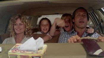Movie still from “Vacation” (1983), directed by Harold Ramis – A group of people sitting in the back of a car; Medium shot, Low angle