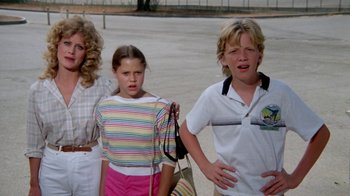 Movie still from “Vacation” (1983), directed by Harold Ramis – A group of people standing next to each other on a field; Medium shot, High angle