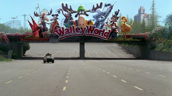 Movie still from “Vacation” (1983), directed by Harold Ramis – A sign for walley world in an empty parking lot; Extreme Wide shot, Low angle