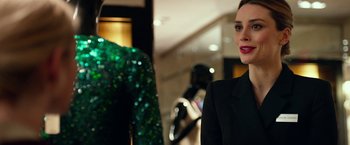 Movie still from “Nerve” (2016), directed by Henry Joost – A woman in a black suit standing in front of a wall; Close Up shot, Over the shoulder angle