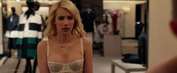 Movie still from “Nerve” (2016), directed by Henry Joost – A woman wearing a bra in front of a mirror; Close Up shot, Over the shoulder angle