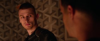 Movie still from “Nerve” (2016), directed by Henry Joost – A man is looking at himself in the mirror; Close Up shot, Over the shoulder angle