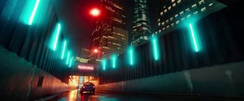 Movie still from “Nerve” (2016), directed by Henry Joost – A car driving down a street at night; Extreme Wide shot, Low angle