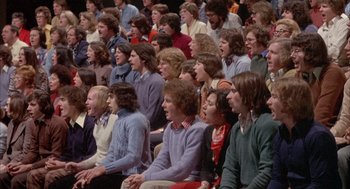 Movie still from “Network” (1976), directed by Sidney Lumet – A group of people sitting in a room; Medium shot, High angle