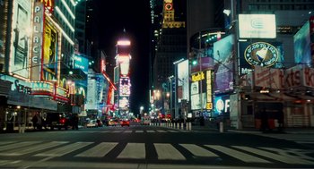 Movie still from “Nick and Norah's Infinite Playlist” (2008), directed by Peter Sollett – A city street at night with a lot of traffic lights; Extreme Wide shot, High angle