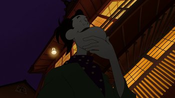 Movie still from “The Night Is Short, Walk on Girl” (2017), directed by Masaaki Yuasa – An animated person is holding his arms out; Medium shot, Low angle