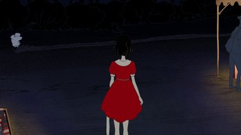 Movie still from “The Night Is Short, Walk on Girl” (2017), directed by Masaaki Yuasa – A woman in a red dress standing in the middle of a road; Extreme Wide shot, High angle