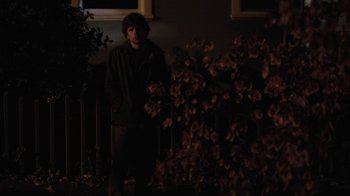 Movie still from “Night Moves” (2013), directed by Kelly Reichardt – A man standing in front of a tree at night; Wide shot, Over the shoulder angle