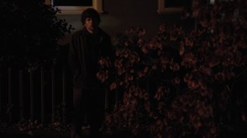 Movie still from “Night Moves” (2013), directed by Kelly Reichardt – A man standing in front of a bush at night; Wide shot, Over the shoulder angle