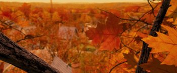 Movie still from “Monster House” (2006), directed by Gil Kenan – A maple leaf in the foreground of an autumn scene; Extreme Close Up shot, High angle