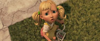 Movie still from “Monster House” (2006), directed by Gil Kenan – A girl with pigtails sitting in the grass holding a basket; Close Up shot, High angle