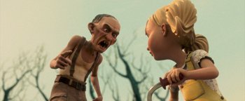Movie still from “Monster House” (2006), directed by Gil Kenan – An old man and a young girl face to face; Medium shot, Low angle