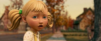 Movie still from “Monster House” (2006), directed by Gil Kenan – A girl's face with trees in the background; Close Up shot, Over the shoulder angle